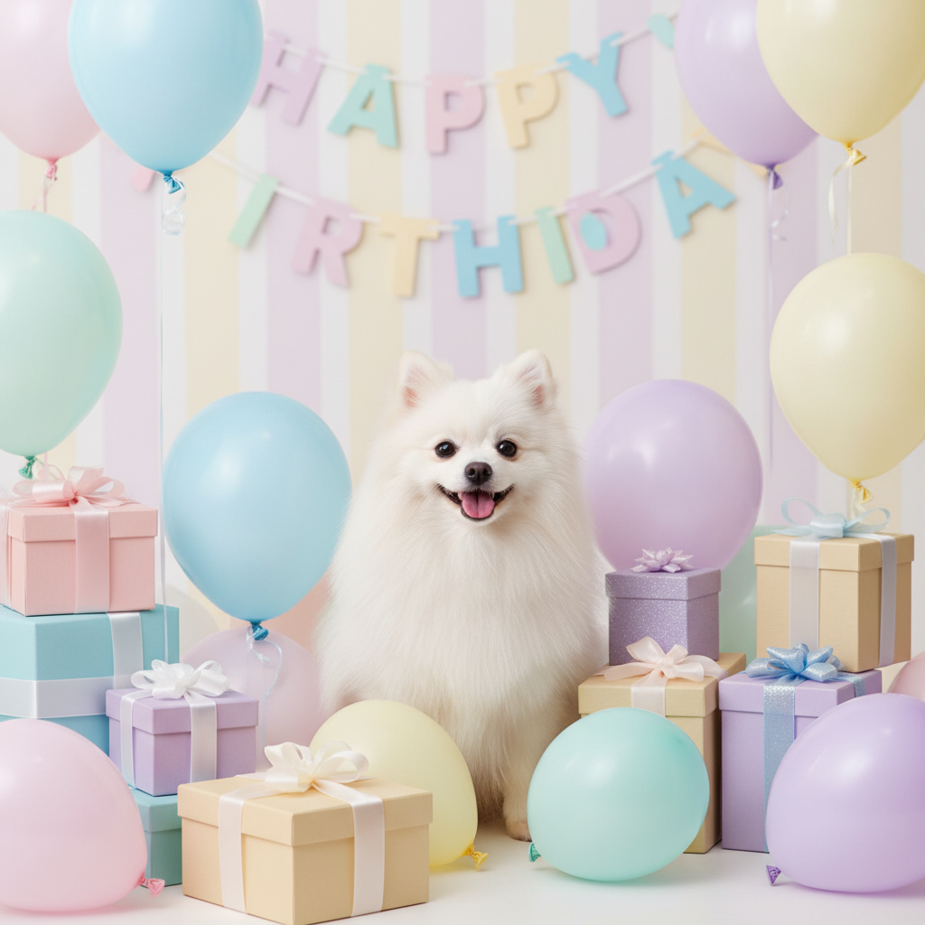 파스텔 톤 풍선과 선물 상자들에 둘러싸인 하얀 포메라니안, 배경에는 Happy Birthday 가랜드가 걸려 있는 전문 스튜디오 촬영 스타일.