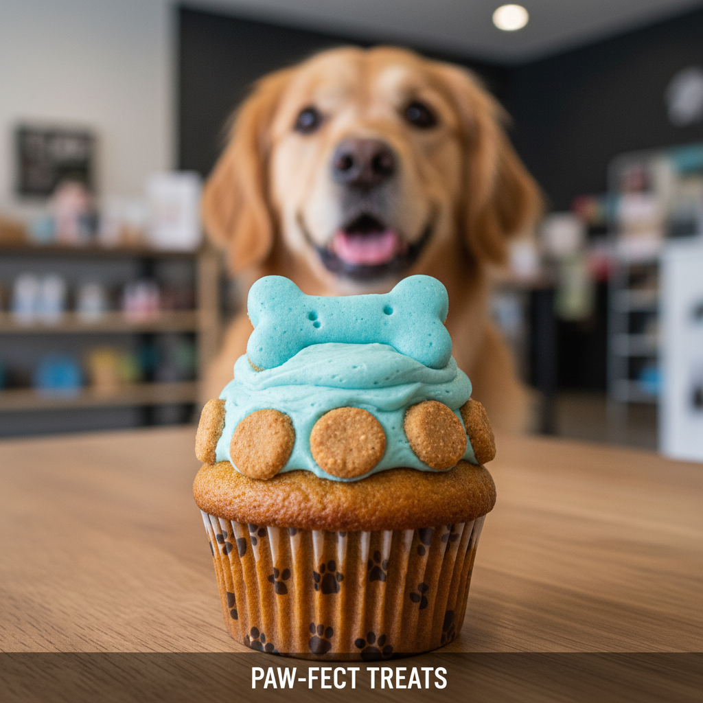뼈다귀 모양 쿠키로 장식된 강아지 전용 컵케이크의 클로즈업 샷, 뒤쪽에는 기대감에 찬 강아지의 모습이 보케 효과로 흐릿하게 표현됨.
