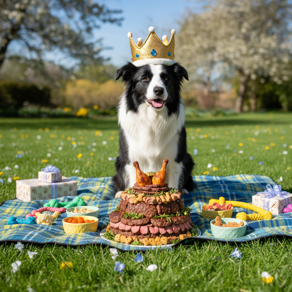 푸른 잔디밭 위에서 열린 강아지 생일 피크닉, 고기로 만든 케이크와 왕관을 쓴 보더콜리, 화창한 햇살이 비치는 생생한 색감의 사진.